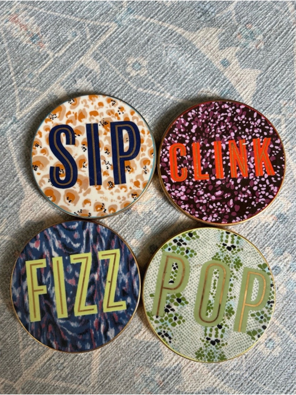 Anthropologie Multicolor 'Sip Clink Fizz Pop' Round Coaster Set
